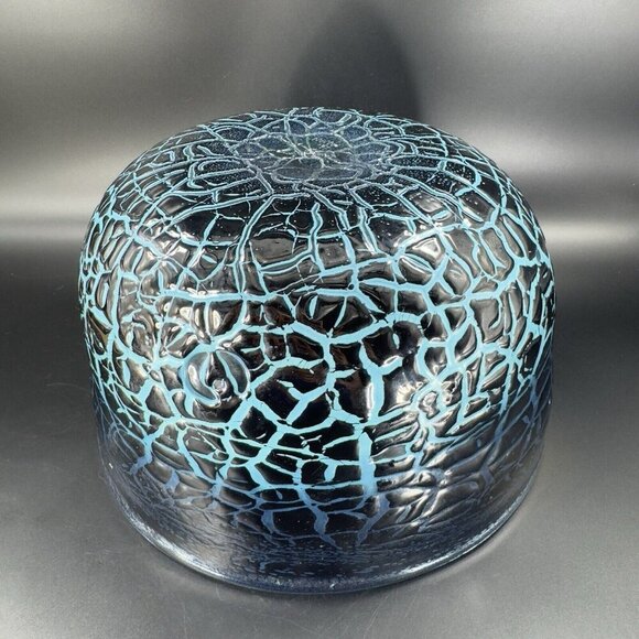 1987 Hand Blown Art Glass Large Bowl Dish Lava Glaze Finish Blue Black Signed - Picture 15 of 16